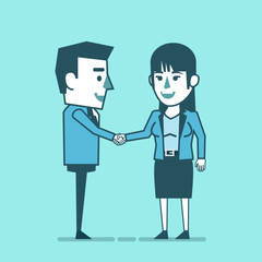 Cheerful businessman and businesswoman make handshake. Successful negotiation, deal, business. Simple style vector illustration