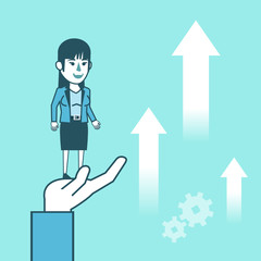 Big hand lifts up businesswoman. Get help in career, business growth. Simple style vector illustration