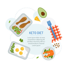 Keto diet. Meal planning menu for the day. The food in the containers with text area. Flat design. Vector illustration. 