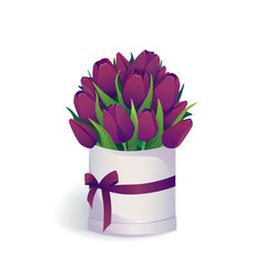 Bouquet of purple tulips vector illustration. Flowers bouquet in round hat box with bow, isolated on transparent background