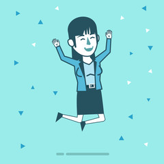 Happy businesswoman jumps in joy, celebrate success. Simple style vector illustration