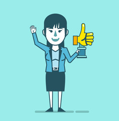 Happy woman holds golden thumb up award. Successful social media marketing concept. Simple style vector illustration
