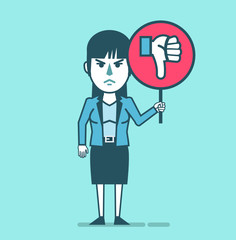 Dissatisfied woman holds sign with thumb down icon. Social media marketing concept, low rating, unsatisfied customer. Simple style vector illustration