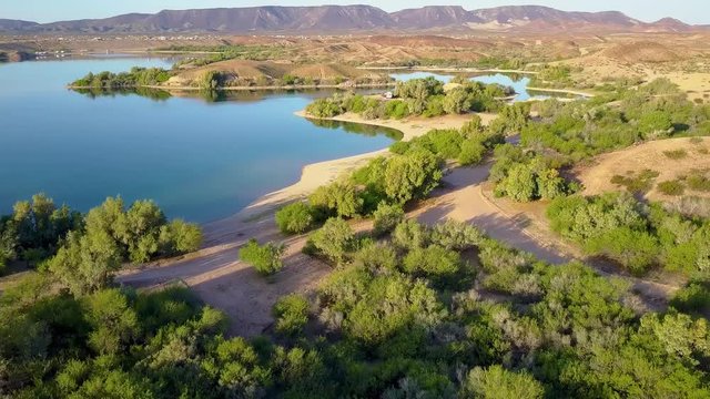 Beautiful aerial drone view of lush green trees on the shores of Senator Wash Reservoir in Colorado River Basin. Located in the deserts of Southern California