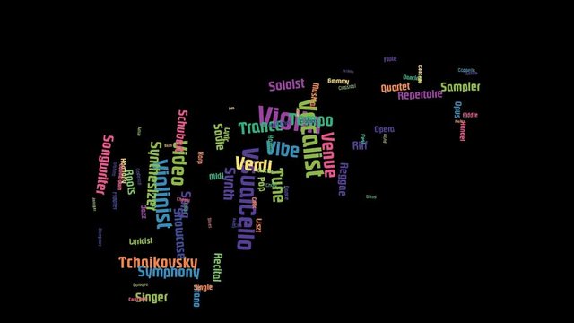 Violin Word Art Cloud Video Text Animation Colorful Letters On Black Background