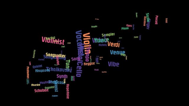 Violin Word Art Cloud Video Text Animation Colorful Letters On Black Background