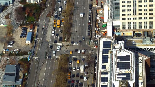 Amazing aerial view over street traffic in Manhattan New York