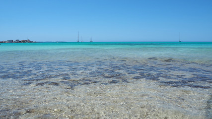 Colonia Sant Jordi, Spain. Amazing landscape of the charming beach Es Trencs. It has earned the...
