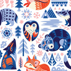 Scandinavian woodland background with decorative animals and nature elements. Vector illustration