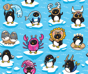 Seamless pattern of penguins zodiac signs in cartoon style. Vector illustration
