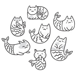 Collection with cartoon cats mermaids in contour. Vector illustration