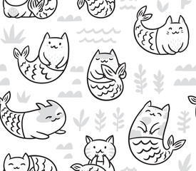 Ink seamless pattern with cute cats mermaids in the underwater world