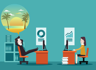 Businessman dreaming about vacation. Holidays time, recreation, travel and relaxation vector design. Beach sunset background 