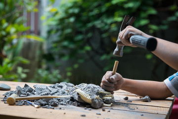 Kid playing with educational archaeology toy with dinosaur fossil