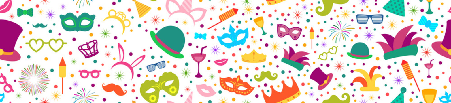 Celebration festive background with seamless pattern carnival icons. Party element for carnival, carnaval, mardi gras, fat tuesday, birthday, and photo booth.