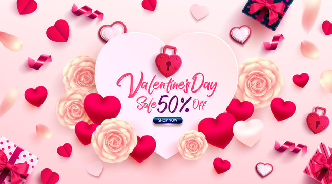 Valentine's Day Sale Poster or banner with sweet gift,sweet heart and lovely items on pink background.Promotion and shopping template or background for Love and Valentine's day concept.Vector EPS10