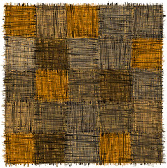 Rustic checkered mat with  grunge striped rough square elements in yelow,beige,grey,blak colors isolated on white