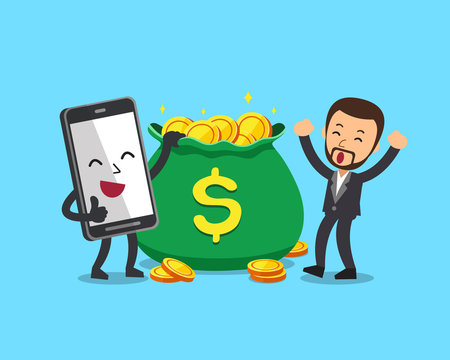 Cartoon character businessman and smartphone with money bag for design.