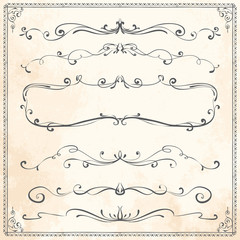 Cool hand drawn set of line border frame design elements on vintage paper background