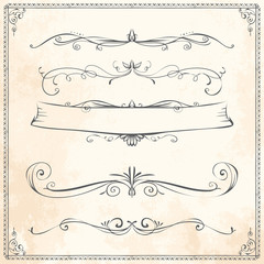 Naklejka premium Vector hand drawn line border ribbon design elements set on vintage paper background