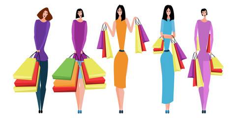 Collection of people carrying shopping bags with purchases. Women and girl taking part in seasonal sale at store, shop, mall. Cartoon characters isolated on white background.