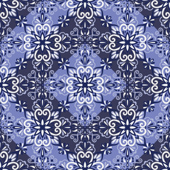 Ethnic style seamless pattern. Azulejo ceramic tile design. Zellige ornament. Talavera tracery motif. Portuguese, Spanish, Mexican, Brazilian folk print