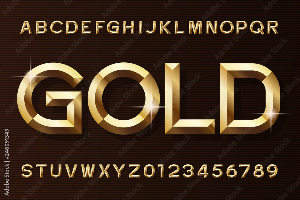 Fototapete gold alphabet font. 3d beveled gold effect letters and numbers. stock vector typescript for your des