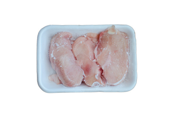 Frozen Chicken Fillets In White Tray On White Background, Isolated