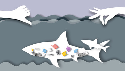 Cutting paper - Fish eat garbage from humans / Illustrations