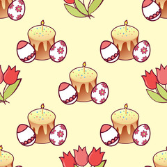 Seamless pattern - Easter cake, eggs with an ornament and a bouquet of tulips. Festive picture on yellow background. Print for printing on fabric. Vector illustration.