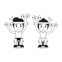 Cartoon man and woman doing alternate seated dumbbell press exercise for design.