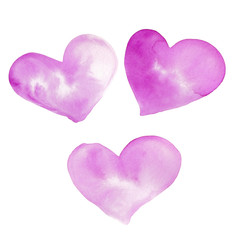 Set of purple and violet watercolor heart, hand drawn,  isolated on white background