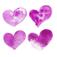 Set of purple and violet watercolor heart, hand drawn,  isolated on white background