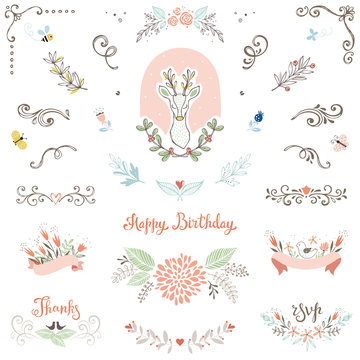 Hand drawn Birthday Party rustic collection with typographic design elements. Vector illustration.
