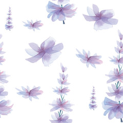 Fototapeta na wymiar violet flowers pattern, watercolor seamless pattern, violet flowers, hand-drawn, isolated on white background