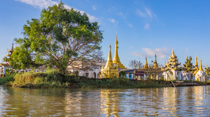 Inle Lake landscape with thatched lake home in Myanmar, Burma