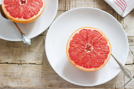 Vegetarian breakfast for two baked grapefruit. Rustic style.