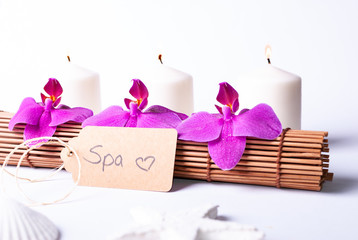A set up of spa items on white background with copy space - gift card idea