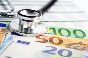 Stethoscope on EURO banknotes, Finance, Account, Statistics, Analytic research data and Business company meeting concept