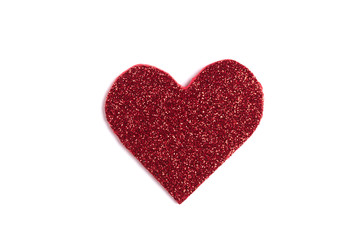 Red glitter heart isolated on white background.