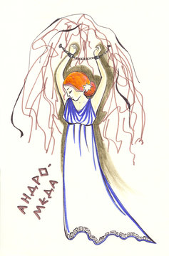 Allegorical image of the constellations according to ancient Greek mythology with inscriptions in Russian. Andromeda. Drawing with colored pencils for children.
