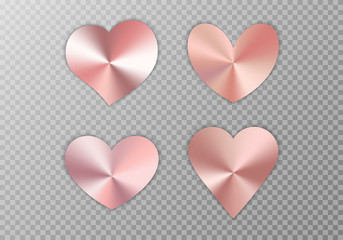 A collection of hearts with rose gold texture for a romantic greeting design for Valentine's Day, design cards for Mother's Day, March 8 and birthday. Vector illustration on a transparent background.