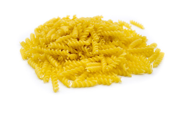 Fusilli Pasta Isolated On White Background. Traditional pasta for Italian and Mediterranean cuisine.