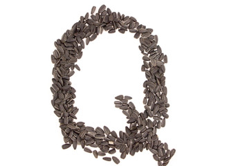 Alphabet from black sunflower seeds isolated on white background