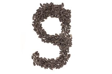 Numerals from black sunflower seeds isolated on white background.