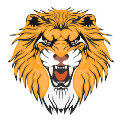 Obraz premium Lion, lion head with open mouth and teeth. Cartoon illustration of a lion. Vector.