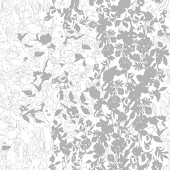 Floral seamless pattern. Pastel leaves, flowers, tulips, irises, plants in white, light grey, coral, pink arranged in organic pattern