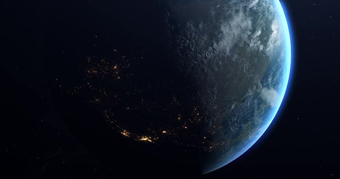 A slow rotation of the Earth, as it moves from day to night. Earth rotating on its axis in black space and stars. High detailed, Realistic, Animation.