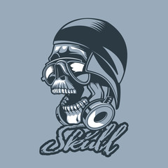 Skull in a cap and headphones. Monochromic tattoo style.