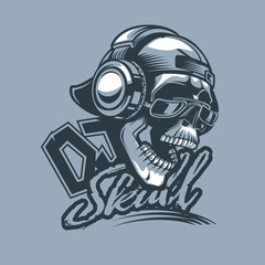 Trendy DJ, Skull in cap and headphones and dynamic text.  Monochromic tattoo style.